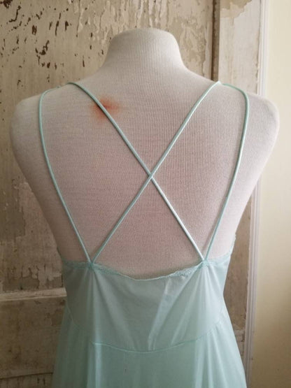 Vintage nightgown, JC Penney, medium, teal, aqua, long, ankle length, spaghetti straps, 70s goddess, criss cross, sexy, lace, embroidered