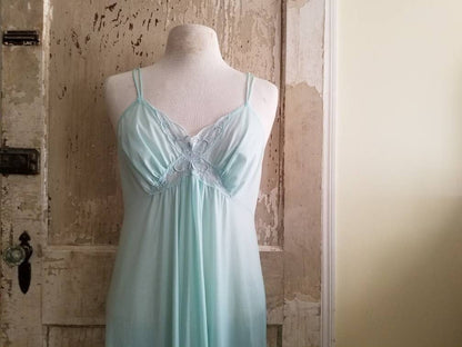 Vintage nightgown, JC Penney, medium, teal, aqua, long, ankle length, spaghetti straps, 70s goddess, criss cross, sexy, lace, embroidered