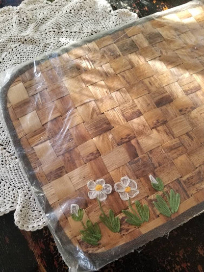 Vintage placemats, FMS, Home Beautiful Creations by Vickie, wood, slats, NOS, NIP, embroidered, floral, 70s, brown, woven, set of 4, unused