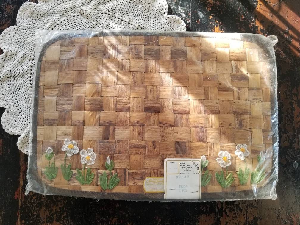 Vintage placemats, FMS, Home Beautiful Creations by Vickie, wood, slats, NOS, NIP, embroidered, floral, 70s, brown, woven, set of 4, unused