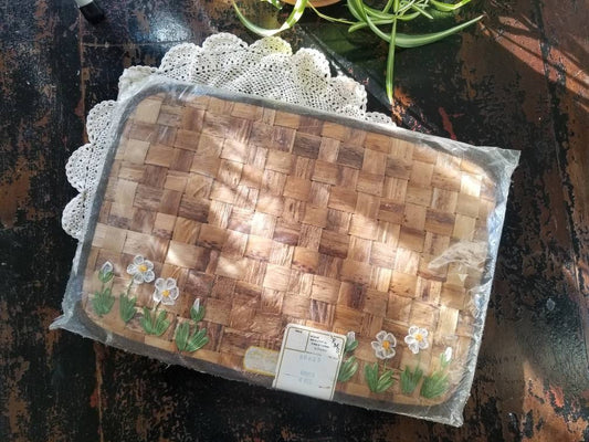 Vintage placemats, FMS, Home Beautiful Creations by Vickie, wood, slats, NOS, NIP, embroidered, floral, 70s, brown, woven, set of 4, unused