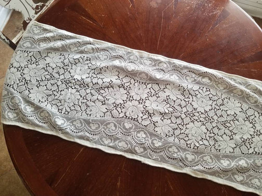 SALE Vintage table runner, 4, long, white, lace, floral, granny chic, shabby chic, cottage core, farmhouse, Victorian, boho, 73", scallops, large