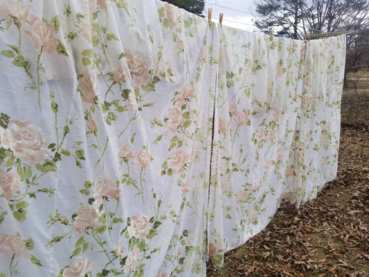 SALE Vintage curtains, set of 3, pinch pleat, 85" long, floral, white, pink, cottage core, shabby chic, granny chic, 60s 70s, MCM, semi sheer