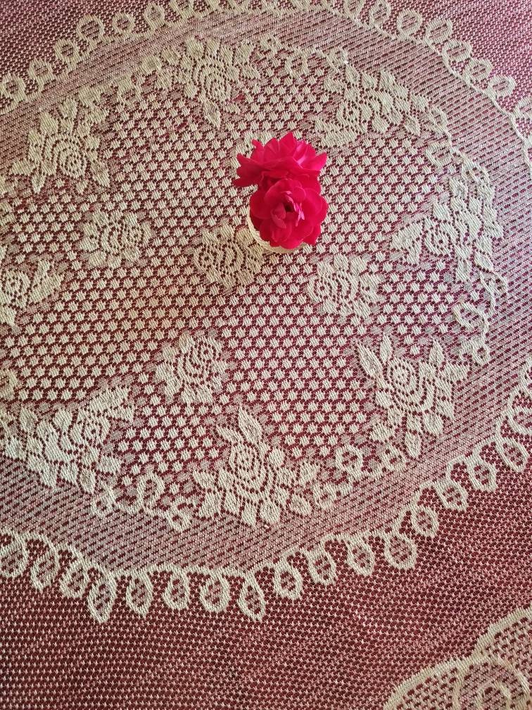 SALE Vintage tablecloth, red, gold, lace, floral, oval, oblong, 72 x 60, fancy, sparkle, boho, bohemian, reversible, ornate, holiday, festive