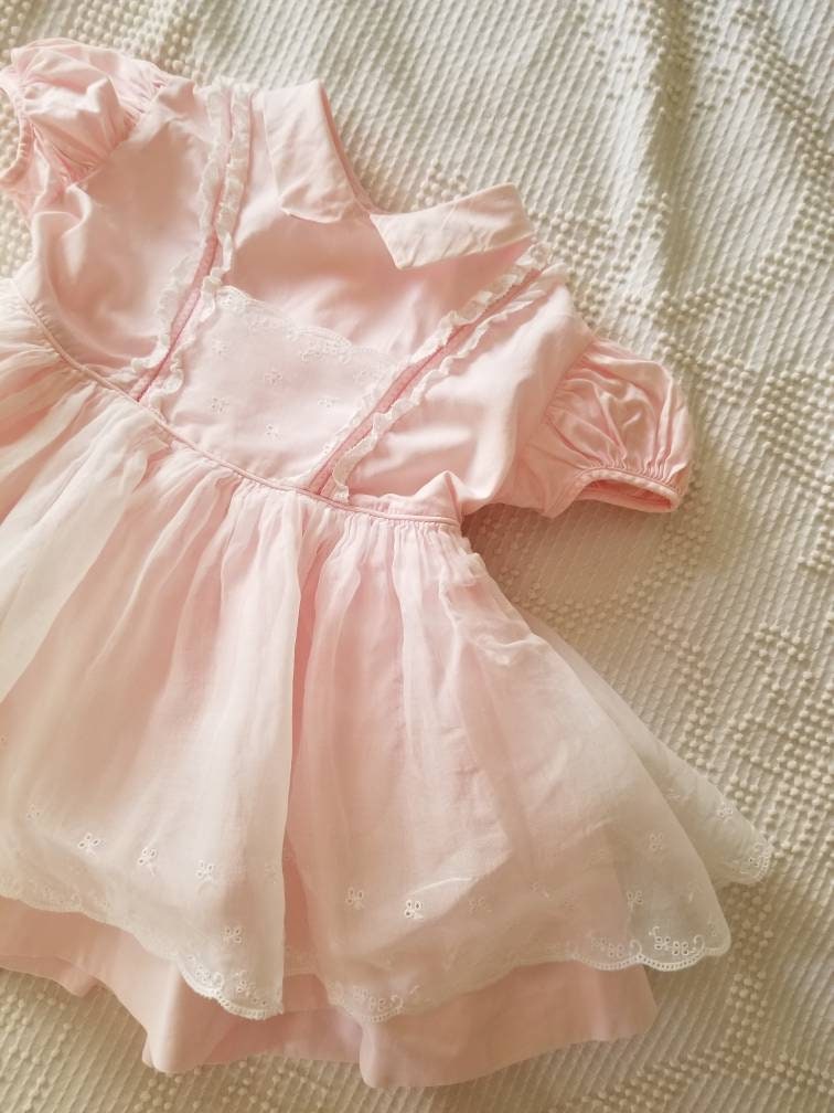 SALE Vintage pink dress, Joselle Originals, girl, baby, lace, white, short sleeves, embroidered, fancy, party, tiered, pageant, pastel, Easter