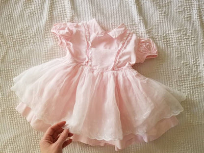 SALE Vintage pink dress, Joselle Originals, girl, baby, lace, white, short sleeves, embroidered, fancy, party, tiered, pageant, pastel, Easter