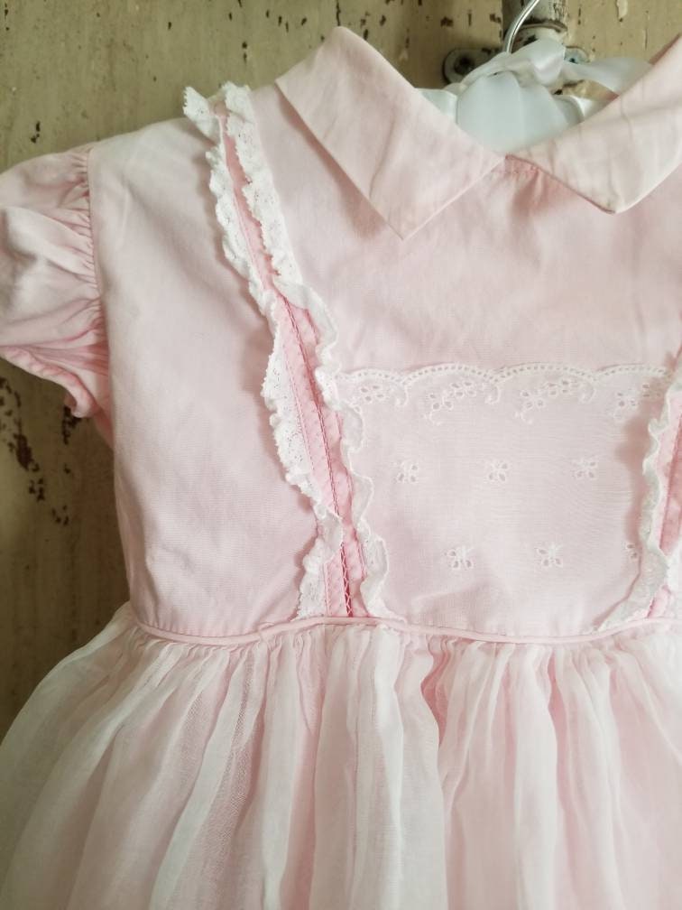 SALE Vintage pink dress, Joselle Originals, girl, baby, lace, white, short sleeves, embroidered, fancy, party, tiered, pageant, pastel, Easter