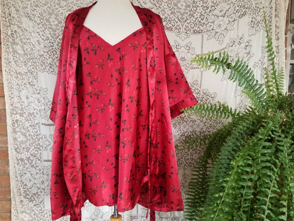 Vintage lingerie set, Private Moments, medium, red, black, floral, sexy, babydoll nightgown, robe, short, sleepwear, vamp, rockabilly, pinup