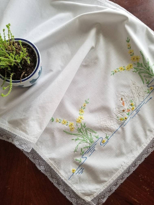 SALE Vintage table runner, handmade, embroidered, white, swans, pond, lace trim, wide, granny chic, shabby chic, cottage core, farmhouse, floral