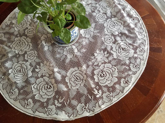 SALE Vintage tablecloth, lace, circle, 34", off white, floral, small, shabby chic, granny chic, cottage core, farmhouse, Victorian, table topper