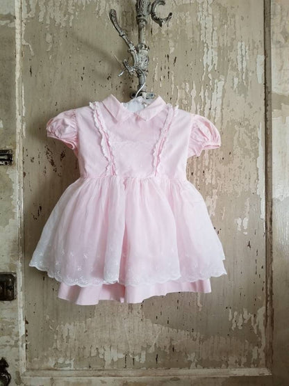 SALE Vintage pink dress, Joselle Originals, girl, baby, lace, white, short sleeves, embroidered, fancy, party, tiered, pageant, pastel, Easter