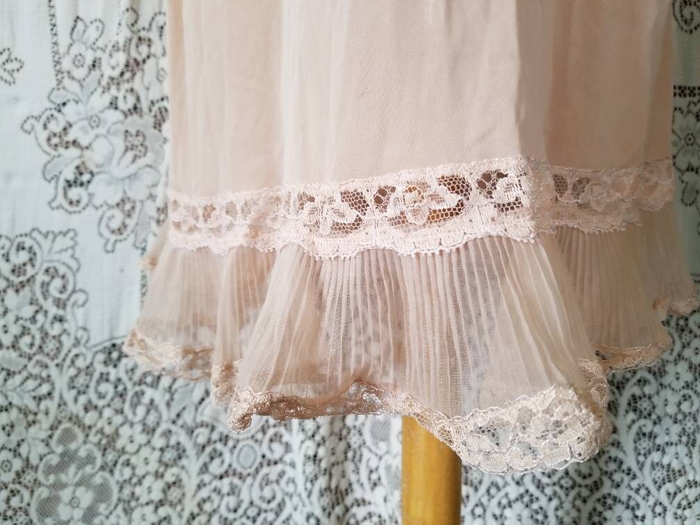 Vintage dress slip, Movie Star, 34, full slip, knee length, beige, tan, lace, sheer, ruffle, nylon, lingerie, straps, sexy, feminine, pinup