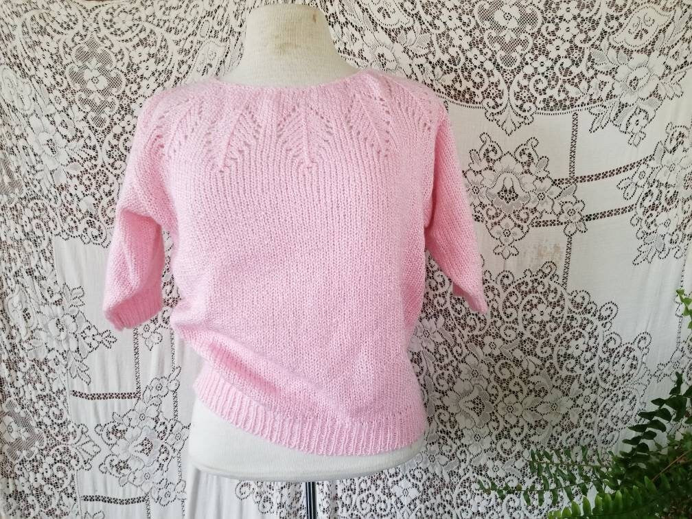 SALE Vintage sweater, Yarn Works, shirt, top, short sleeves, pink, pastel, knit, scoop neck, leaf pattern, granny chic, pullover, 80s, women