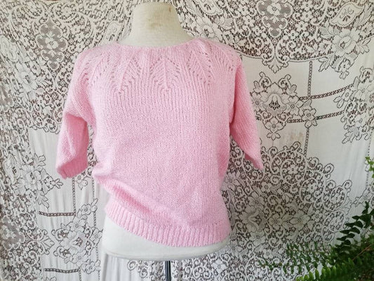 SALE Vintage sweater, Yarn Works, shirt, top, short sleeves, pink, pastel, knit, scoop neck, leaf pattern, granny chic, pullover, 80s, women