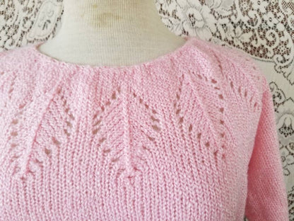 SALE Vintage sweater, Yarn Works, shirt, top, short sleeves, pink, pastel, knit, scoop neck, leaf pattern, granny chic, pullover, 80s, women