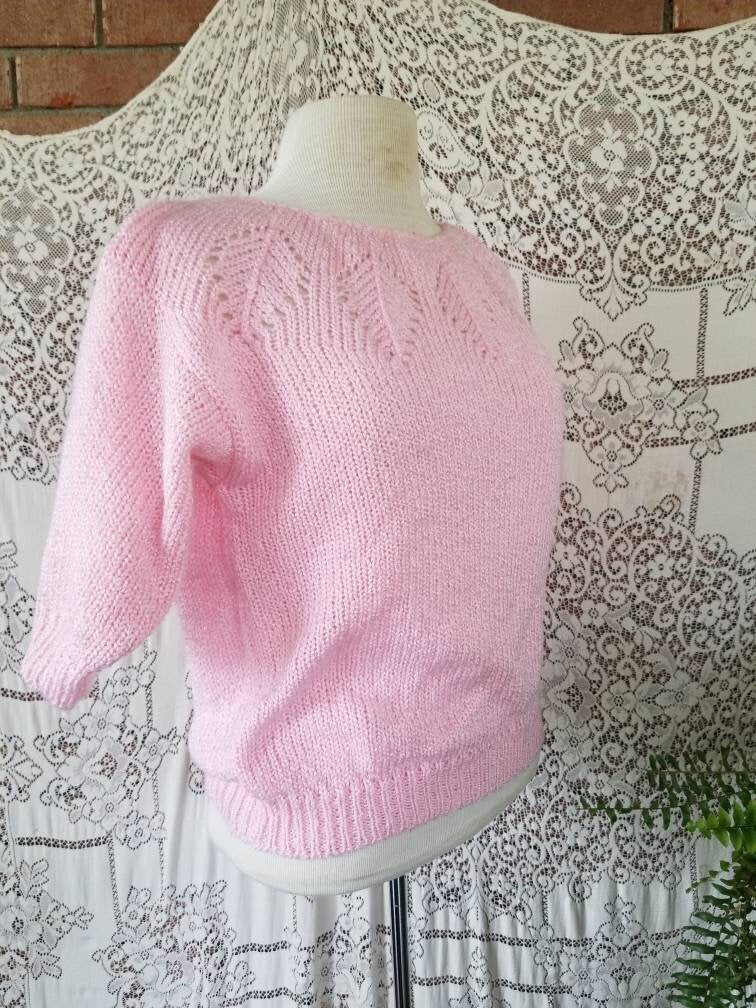 SALE Vintage sweater, Yarn Works, shirt, top, short sleeves, pink, pastel, knit, scoop neck, leaf pattern, granny chic, pullover, 80s, women