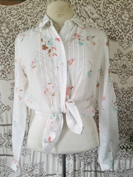 Vintage blouse, 13/ 14, floral, sheer, long sleeves, tab collar, button up front, pleated, white, 70s, pink, brown, blue, feminine, shirt