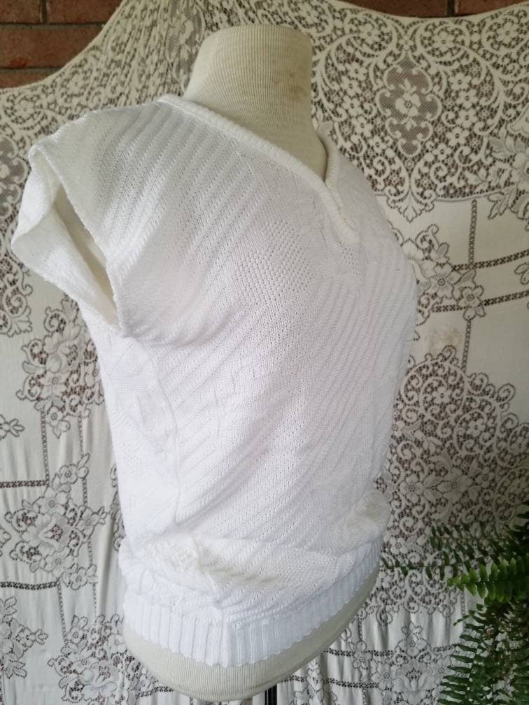 SALE Vintage sweater, United States Sweaters, white, knit, short sleeves, batwing, 80s, abstract, V neck, buttons, ribbed waist, pullover, shirt