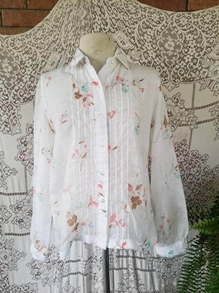 Vintage blouse, 13/ 14, floral, sheer, long sleeves, tab collar, button up front, pleated, white, 70s, pink, brown, blue, feminine, shirt