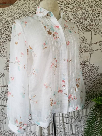 Vintage blouse, 13/ 14, floral, sheer, long sleeves, tab collar, button up front, pleated, white, 70s, pink, brown, blue, feminine, shirt