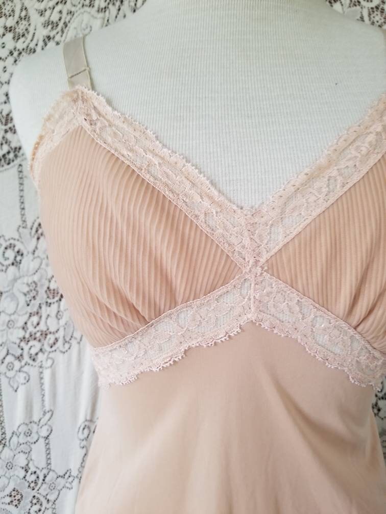 Vintage dress slip, Movie Star, 34, full slip, knee length, beige, tan, lace, sheer, ruffle, nylon, lingerie, straps, sexy, feminine, pinup