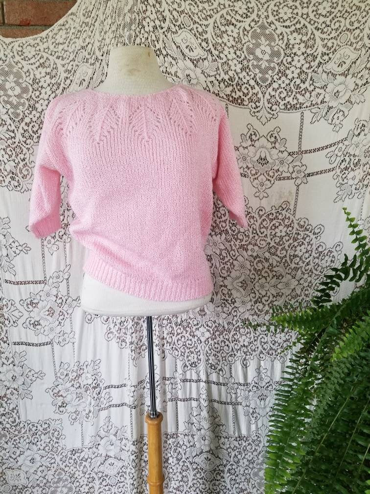 SALE Vintage sweater, Yarn Works, shirt, top, short sleeves, pink, pastel, knit, scoop neck, leaf pattern, granny chic, pullover, 80s, women