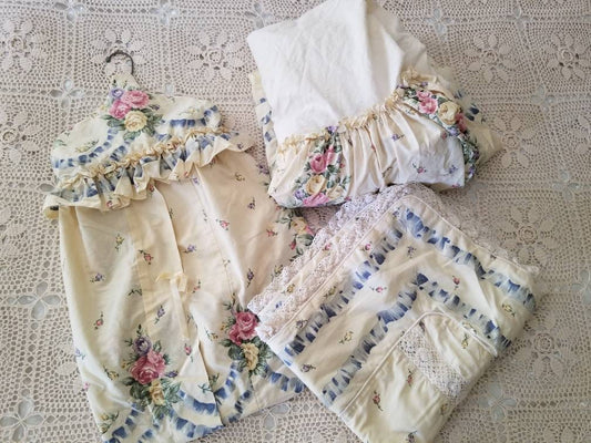 SALE Vintage nursery set, handmade, floral, baby, infant, newborn, diaper stacker, blanket, crib skirt, bedding, decor, girl, pink, beige, shabby