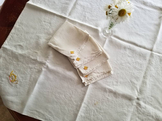 SALE Vintage table linens, set of 5, tablecloth, napkins, tea pot, teacups, shabby chic, granny chic, cottagecore, grandmillennial, embroidered