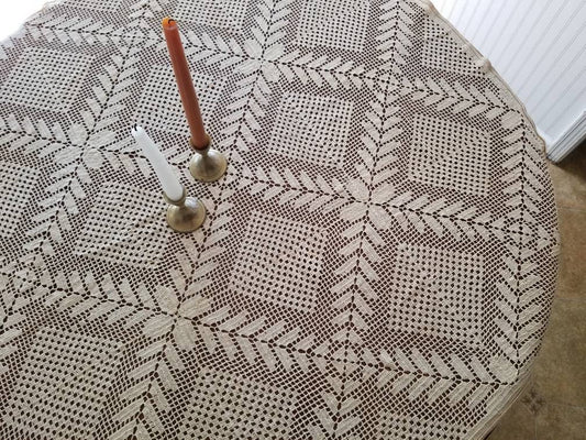 SALE Vintage tablecloth, crochet, beige, square, handmade, granny chic, shabby chic, grandmillennial, cottagecore, Victorian, country, farmhouse