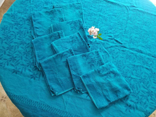 SALE Vintage table linens, set of 9, tablecloth, napkins, blue, cerulean, gemstone, floral, woven, textile, granny chic, grandmillennial, dining