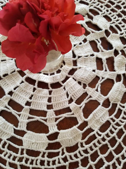 SALE Vintage tablecloth, crochet, handmade, white, spiderweb, circle, medallion, table topper, small, round, granny chic, shabby chic, Victorian