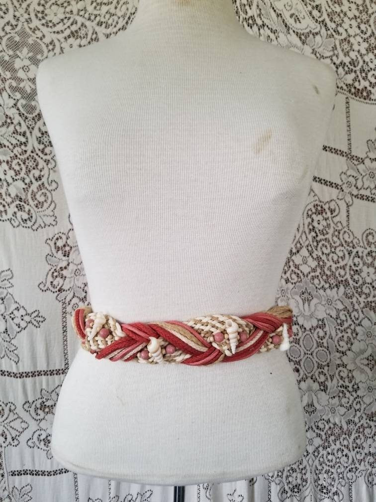 SALE Vintage belt, Rhea, jute, braided, woven, seashells, mermaid, pink, white, beaded, 80s, fishhook, elastic, stretchy, boho, bohemian, thick