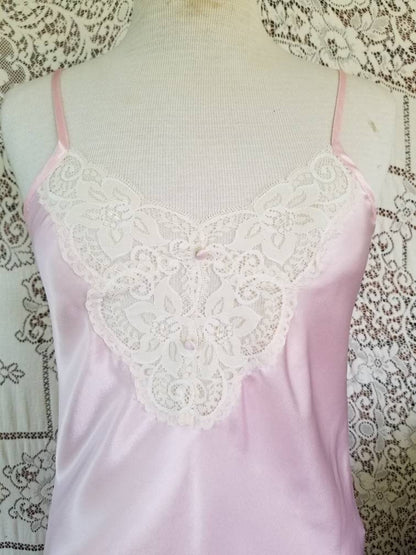 Vintage nightgown, California Dynasty, small, babydoll, pink, short, lace, v neck, spaghetti straps, sleeveless, lingerie, sexy, leg slits