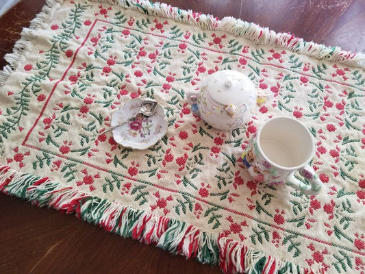 SALE Vintage table runner, woven, tapestry, fringe, red, green, white, floral, rectangle, textile, Christmas, cottagecore, country, farmhouse