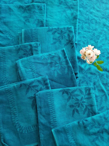 SALE Vintage table linens, set of 9, tablecloth, napkins, blue, cerulean, gemstone, floral, woven, textile, granny chic, grandmillennial, dining