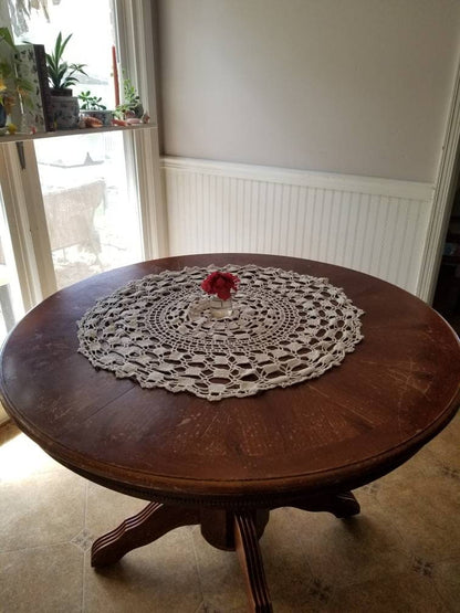 SALE Vintage tablecloth, crochet, handmade, white, spiderweb, circle, medallion, table topper, small, round, granny chic, shabby chic, Victorian