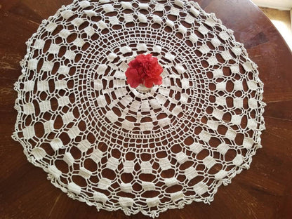 SALE Vintage tablecloth, crochet, handmade, white, spiderweb, circle, medallion, table topper, small, round, granny chic, shabby chic, Victorian