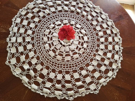 SALE Vintage tablecloth, crochet, handmade, white, spiderweb, circle, medallion, table topper, small, round, granny chic, shabby chic, Victorian