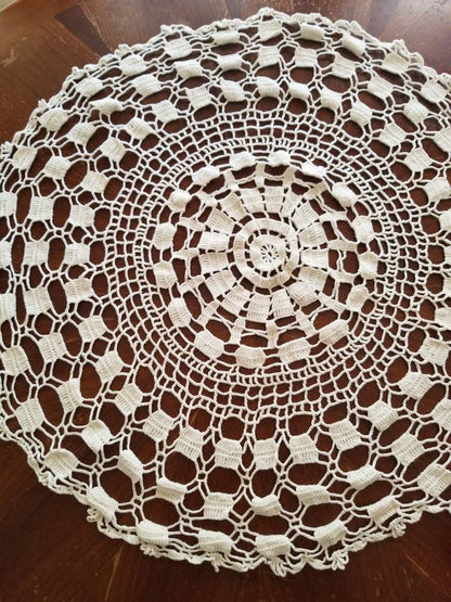 SALE Vintage tablecloth, crochet, handmade, white, spiderweb, circle, medallion, table topper, small, round, granny chic, shabby chic, Victorian