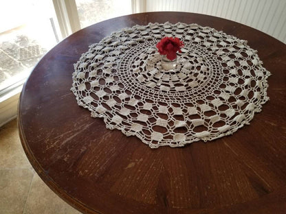 SALE Vintage tablecloth, crochet, handmade, white, spiderweb, circle, medallion, table topper, small, round, granny chic, shabby chic, Victorian