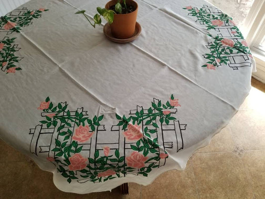 SALE Vintage tablecloth, hand painted, white, floral rose, pink, lattice, granny chic, shabby chic, grandmillennial, country, cottagecore, square