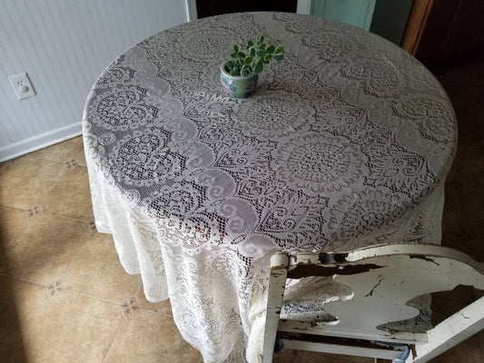 SALE Vintage tablecloth, beige, floral, medallion, lace, large, rectangle, granny chic, shabby chic, grandmillennial, country, cottagecore, fancy