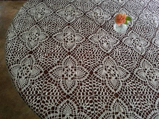 SALE Vintage tablecloth, handmade, crochet, beige, rectangle, stars, granny chic, shabby chic, grandmillennial, cottagecore, Victorian, fancy