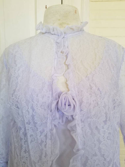 Vintage peignoir, Schiesser, set of 2, nightgown, robe, lavender, purple, knee length, short, sleeveless, floral, lace, 70s, lingerie, sheer