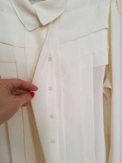 Vintage blouse, Steven Barry, 8, long sleeves, white, pleated, button up, collar, polyester, dressy, fancy, flowy, workwear, boss lady shirt