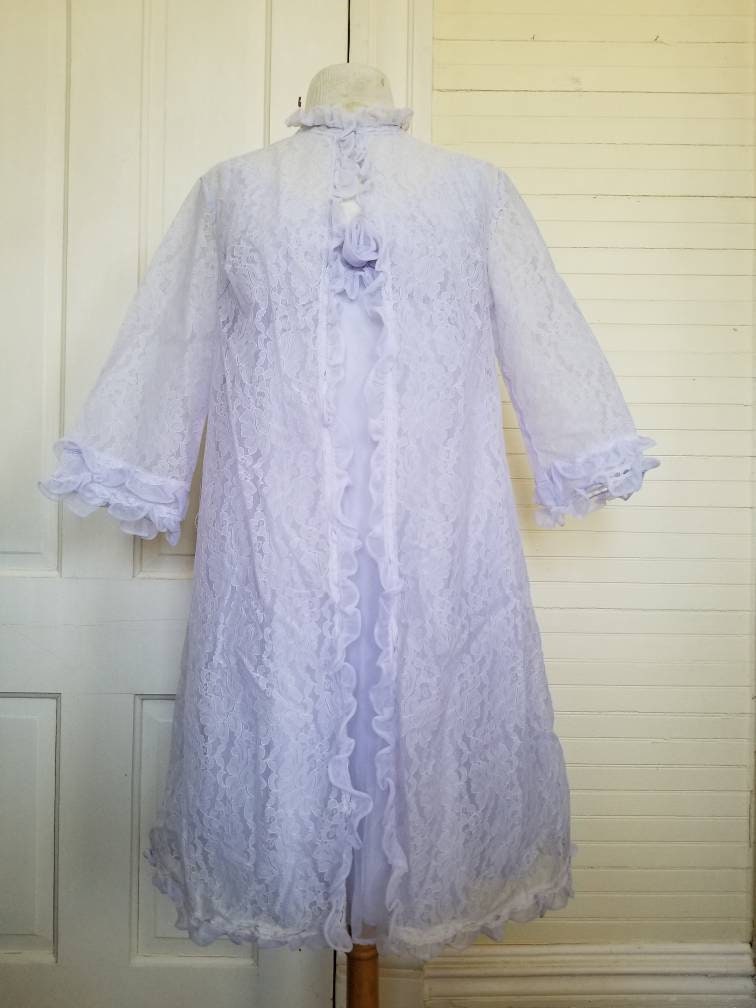 Vintage peignoir, Schiesser, set of 2, nightgown, robe, lavender, purple, knee length, short, sleeveless, floral, lace, 70s, lingerie, sheer
