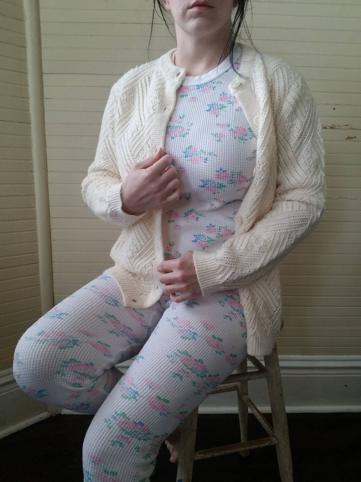 Vintage long johns, Figurfit, M L floral white thermals set of 2 long sleeves tee cozy pjs pajamas pink slim fit pants loungewear warm