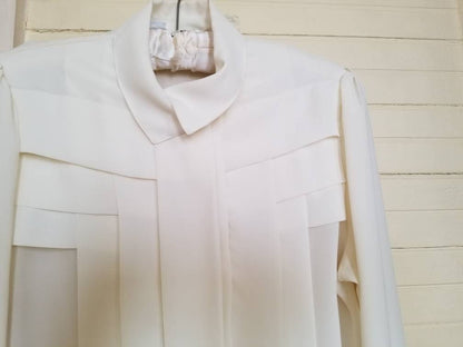 Vintage blouse, Steven Barry, 8, long sleeves, white, pleated, button up, collar, polyester, dressy, fancy, flowy, workwear, boss lady shirt