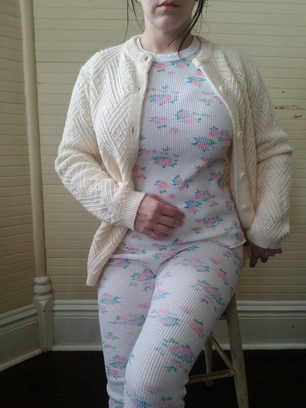 Vintage long johns, Figurfit, M L floral white thermals set of 2 long sleeves tee cozy pjs pajamas pink slim fit pants loungewear warm