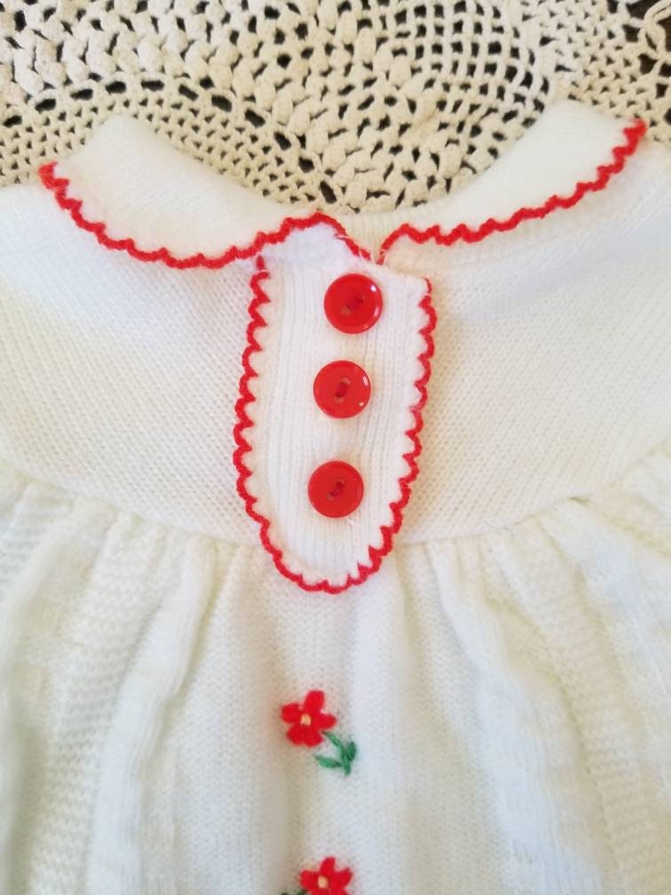 SALE Vintage sweater, 3 months baby infant girl short sleeves knit white red embroidered floral 70s 80s scallop trim buttons warm cosy pullover